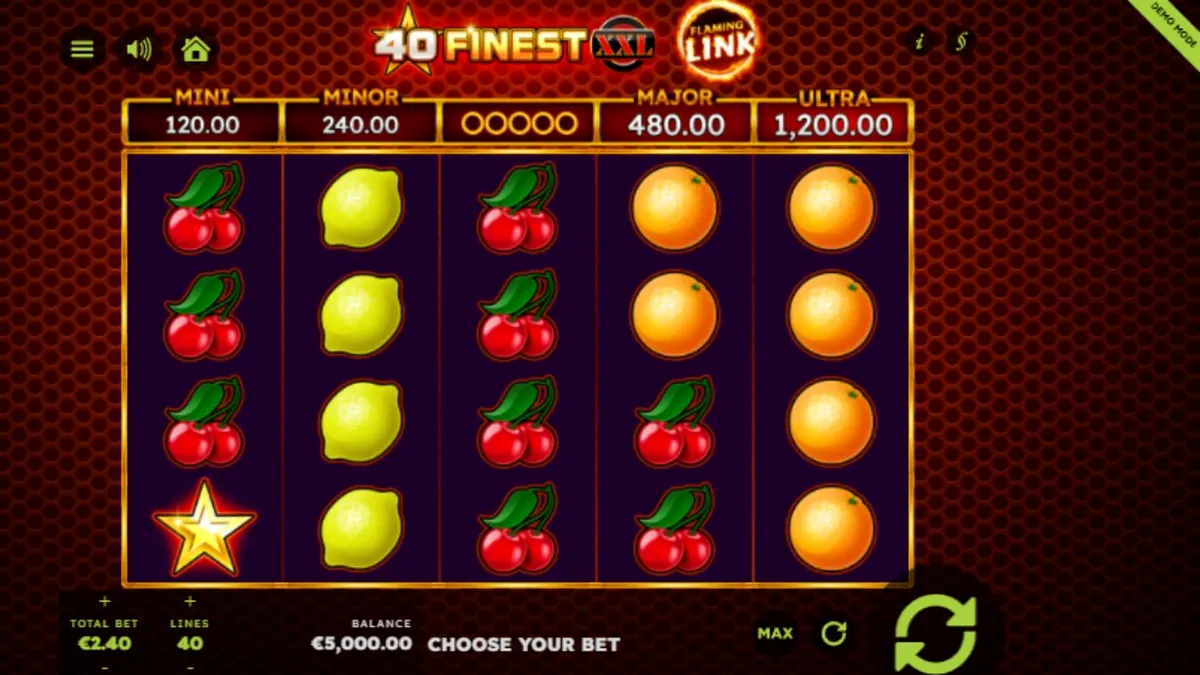 Tampilan visual slot 40 Finest XXL Flaming Link dengan simbol buah neon dan api
