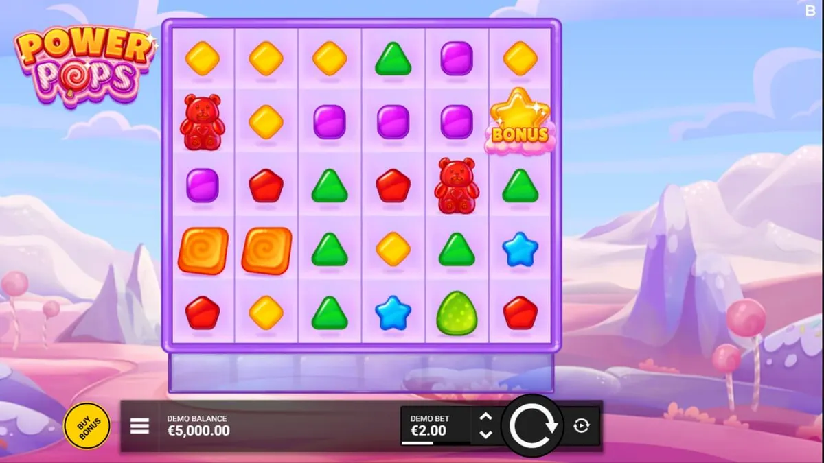Tampilan visual slot Power Pops dengan tema permen dan warna pastel